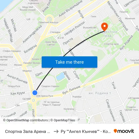 Спортна Зала Арена Русе (Белведере) / Sports Hall Ruse Arena (Belvedere) to Ру ""Ангел Кънчев"" - Корпус 3: Материалознание И Технология На Материалите map