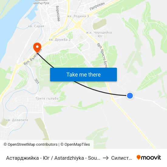 Астарджийка - Юг / Astardzhiyka - South to Силистра map