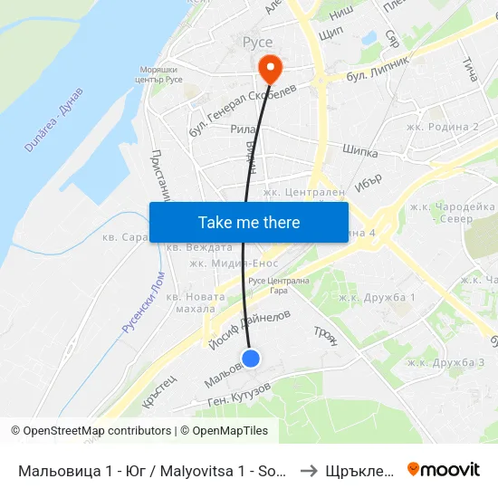 Мальовица 1 - Юг / Malyovitsa 1 - South to Щръклево map