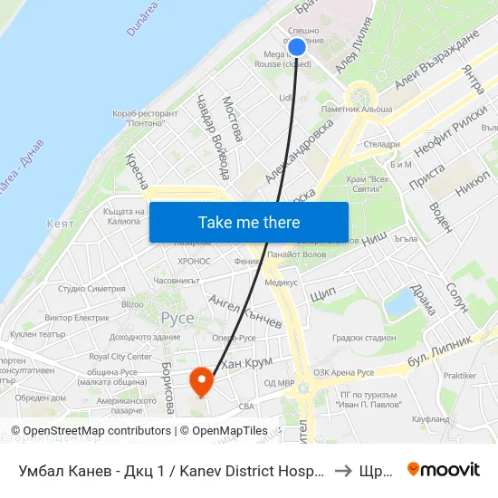 Умбал Канев - Дкц 1 / Kanev District Hospital - 1-St Diagnostic-Consultative Centre to Щръклево map