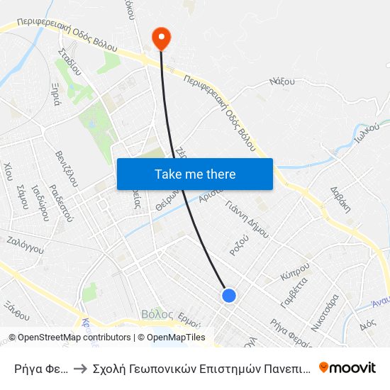 Ρήγα Φεραίου to Σχολή Γεωπονικών Επιστημών Πανεπιστημίου Θεσσαλίας map