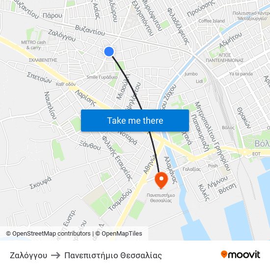 Ζαλόγγου to Πανεπιστήμιο Θεσσαλίας map