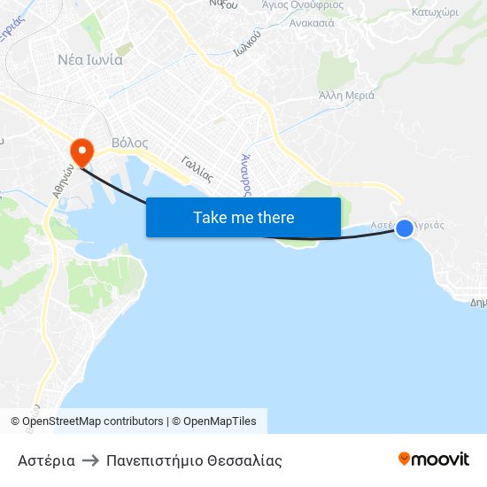 Αστέρια to Πανεπιστήμιο Θεσσαλίας map