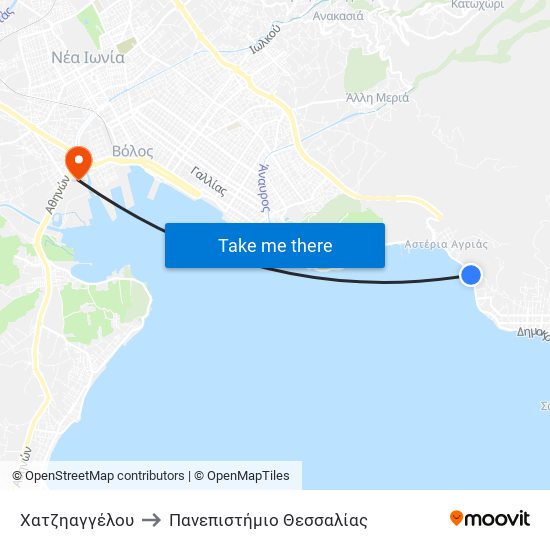 Χατζηαγγέλου to Πανεπιστήμιο Θεσσαλίας map