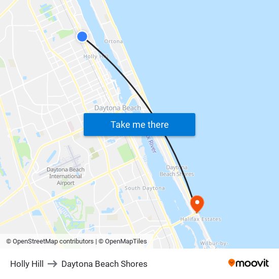 Holly Hill to Daytona Beach Shores map