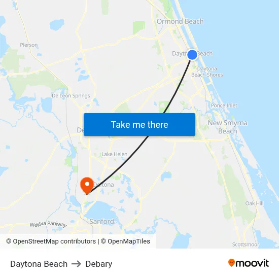 Daytona Beach to Debary map