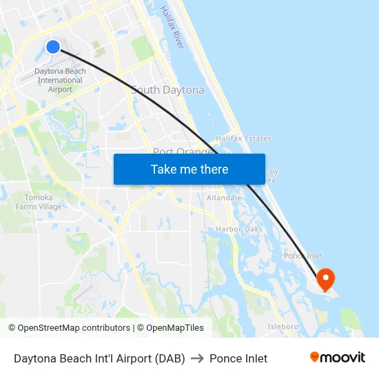 Daytona Beach Int'l Airport (DAB) to Ponce Inlet map