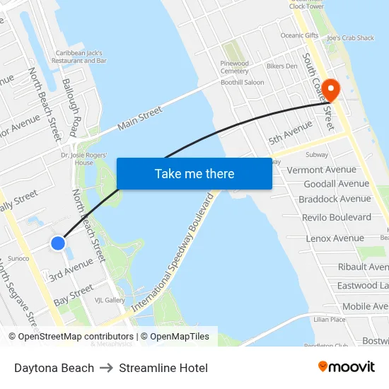 Daytona Beach to Streamline Hotel map