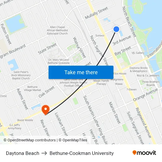 Daytona Beach to Bethune-Cookman University map