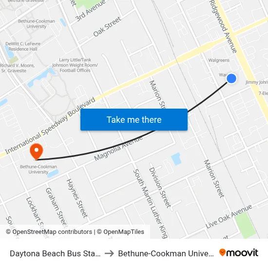 Daytona Beach Bus Station to Bethune-Cookman University map