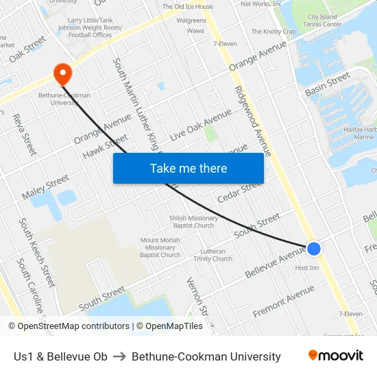 Us1 & Bellevue Ob to Bethune-Cookman University map