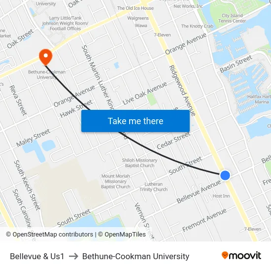 Bellevue & Us1 to Bethune-Cookman University map