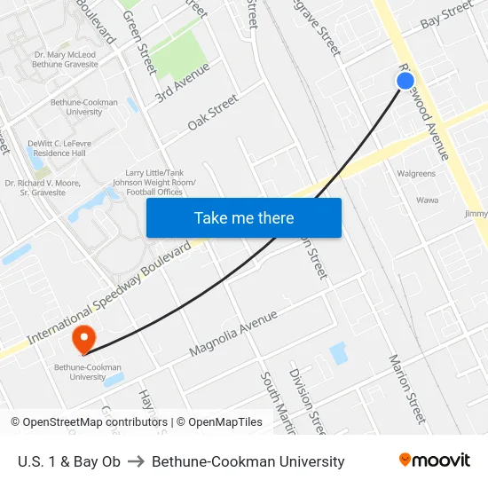 U.S. 1 & Bay Ob to Bethune-Cookman University map