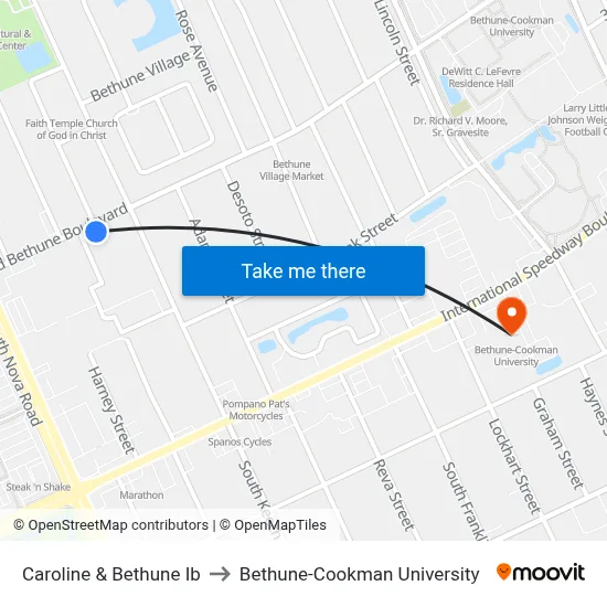Caroline & Bethune Ib to Bethune-Cookman University map
