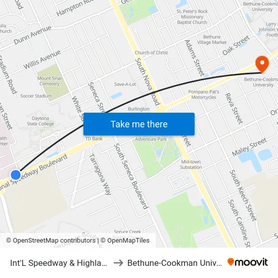 Int'L Speedway & Highland Ob to Bethune-Cookman University map