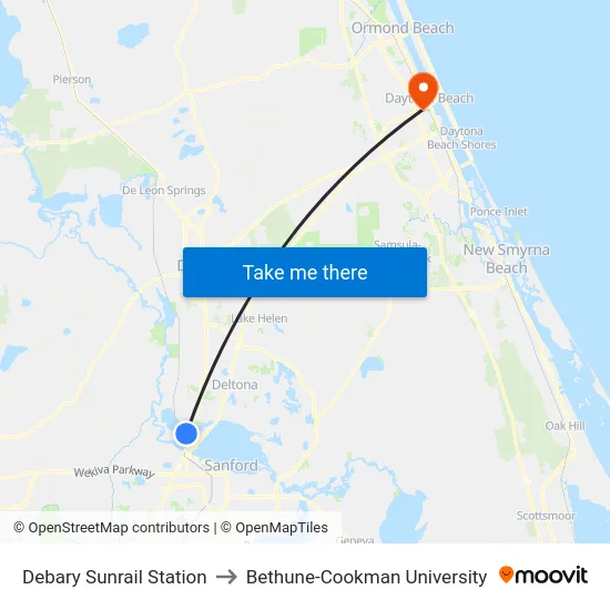 Debary Sunrail Station to Bethune-Cookman University map