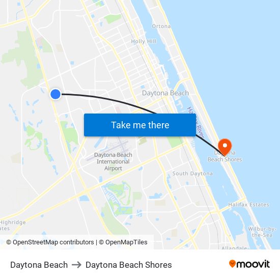 Daytona Beach to Daytona Beach Shores map