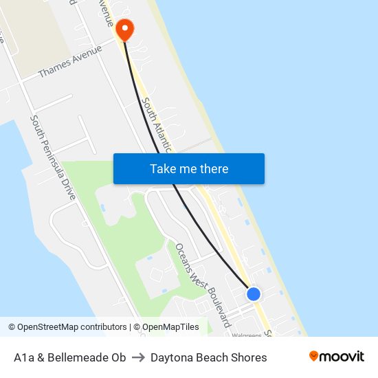 A1a & Bellemeade Ob to Daytona Beach Shores map