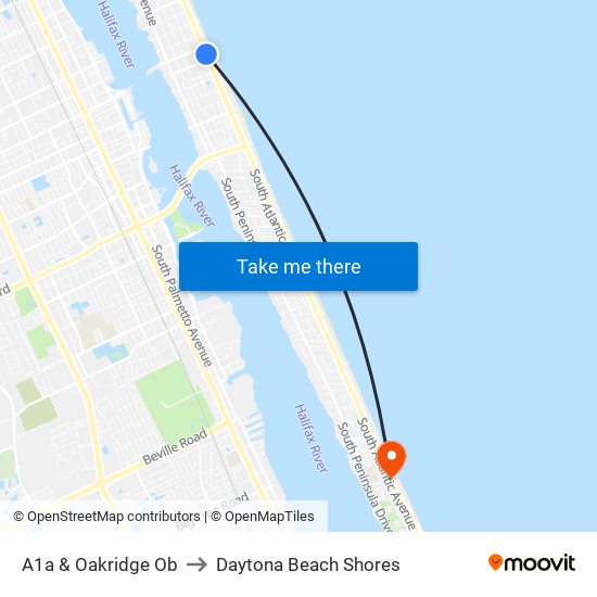 A1a & Oakridge Ob to Daytona Beach Shores map