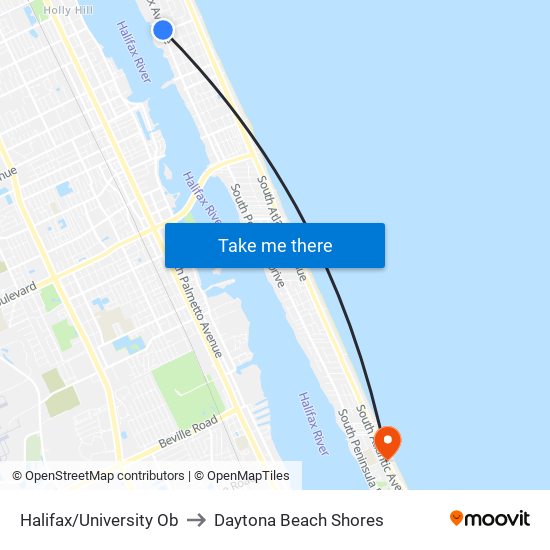 Halifax/University Ob to Daytona Beach Shores map