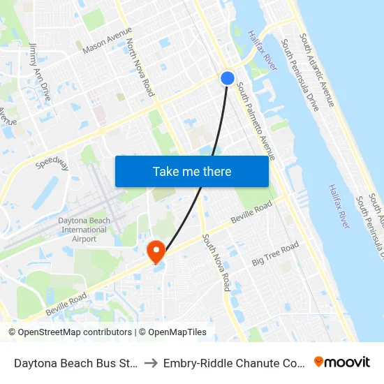 Daytona Beach Bus Station to Embry-Riddle Chanute Complex map