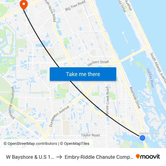 W Bayshore & U.S 1 Ib to Embry-Riddle Chanute Complex map