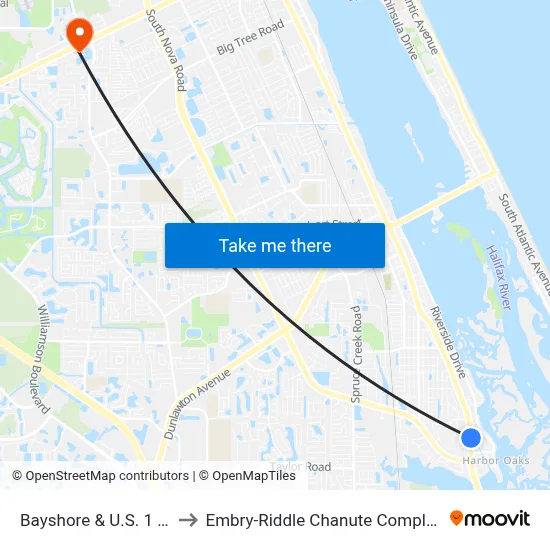 Bayshore & U.S. 1 Ib to Embry-Riddle Chanute Complex map