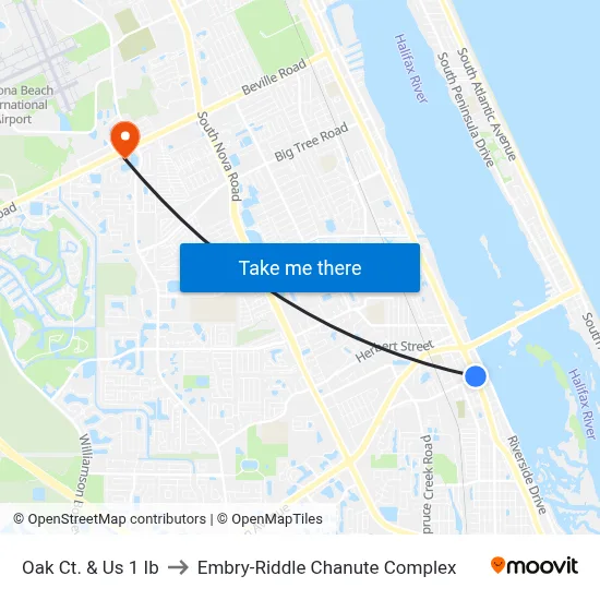 Oak Ct. & Us 1 Ib to Embry-Riddle Chanute Complex map