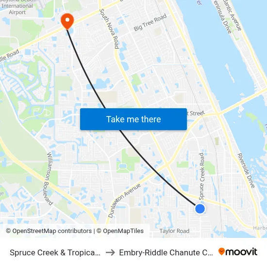 Spruce Creek & Tropical Dr. Nb to Embry-Riddle Chanute Complex map