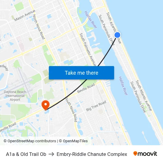A1a & Old Trail Ob to Embry-Riddle Chanute Complex map