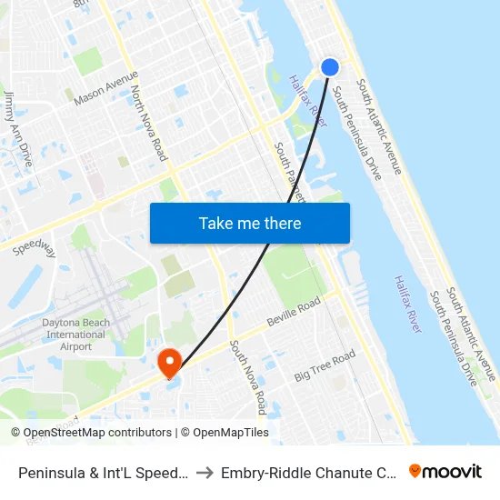 Peninsula & Int'L Speedway Ib to Embry-Riddle Chanute Complex map