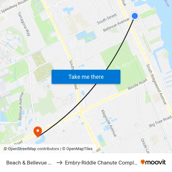 Beach & Bellevue Ob to Embry-Riddle Chanute Complex map