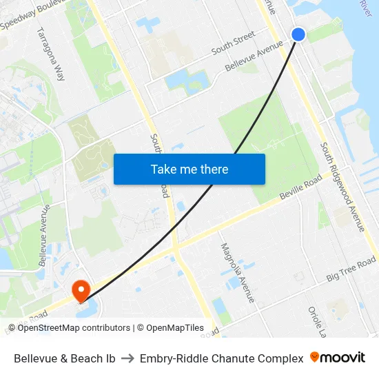 Bellevue & Beach Ib to Embry-Riddle Chanute Complex map