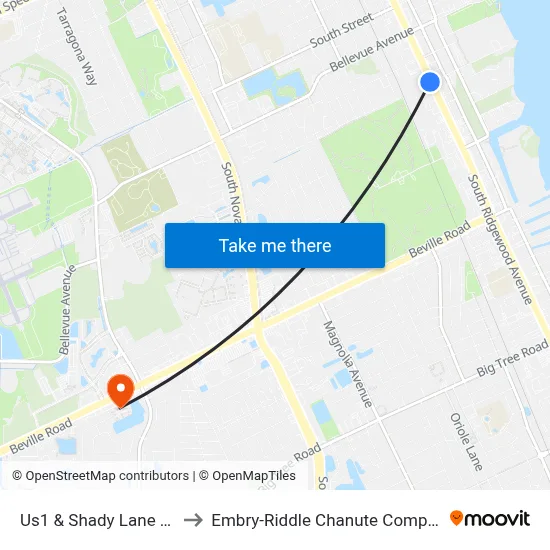 Us1 & Shady Lane Ob to Embry-Riddle Chanute Complex map