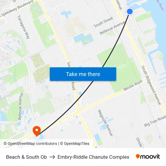 Beach & South Ob to Embry-Riddle Chanute Complex map