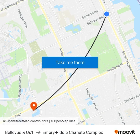 Bellevue & Us1 to Embry-Riddle Chanute Complex map
