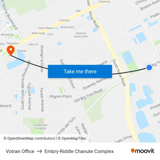 Votran Office to Embry-Riddle Chanute Complex map