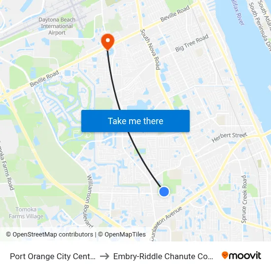 Port Orange City Center Ib to Embry-Riddle Chanute Complex map