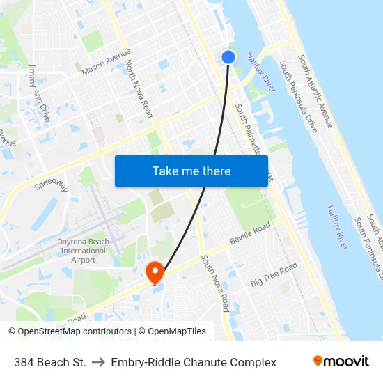 384 Beach St. to Embry-Riddle Chanute Complex map