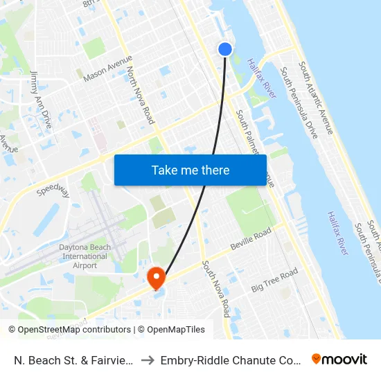 N. Beach St. & Fairview Ob to Embry-Riddle Chanute Complex map