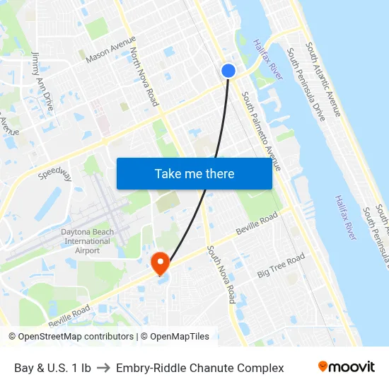 Bay & U.S. 1 Ib to Embry-Riddle Chanute Complex map