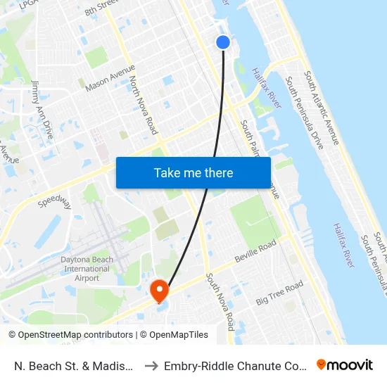 N. Beach St. & Madison Ob to Embry-Riddle Chanute Complex map