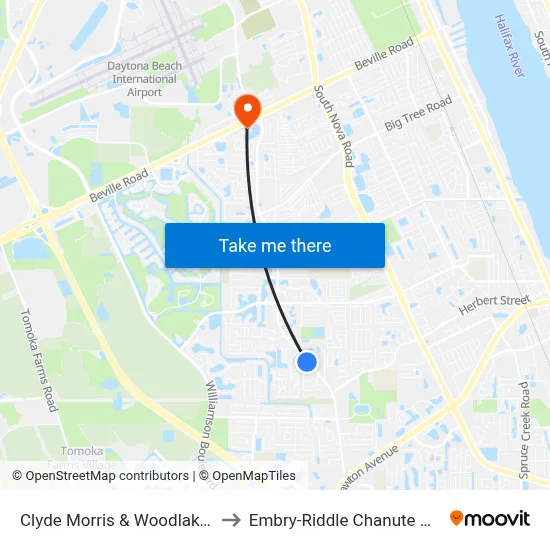 Clyde Morris & Woodlake Dr. Ob to Embry-Riddle Chanute Complex map