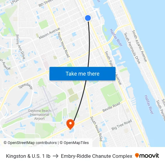 Kingston & U.S. 1 Ib to Embry-Riddle Chanute Complex map
