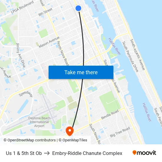 Us 1 & 5th St Ob to Embry-Riddle Chanute Complex map