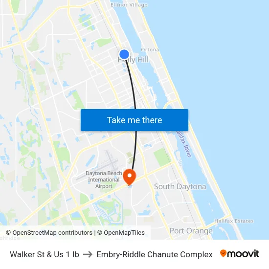 Walker St & Us 1 Ib to Embry-Riddle Chanute Complex map