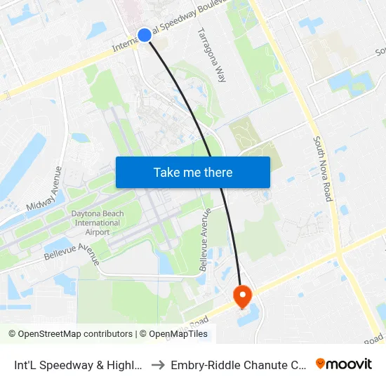 Int'L Speedway & Highland Ob to Embry-Riddle Chanute Complex map