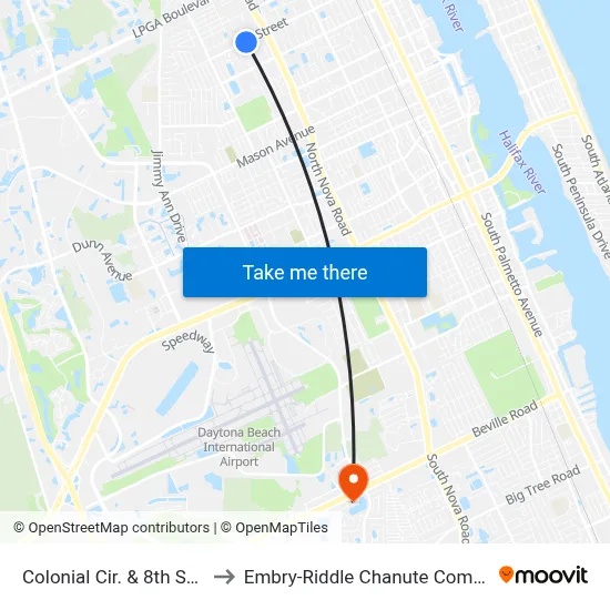 Colonial Cir. & 8th St. Ib to Embry-Riddle Chanute Complex map