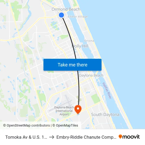 Tomoka Av & U.S. 1 Ib to Embry-Riddle Chanute Complex map