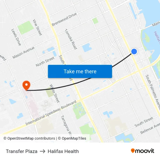 Transfer Plaza to Halifax Health map